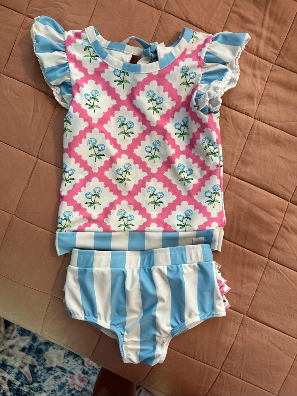 Girls Blue & Pink Floral Stripe Two-Piece swim set